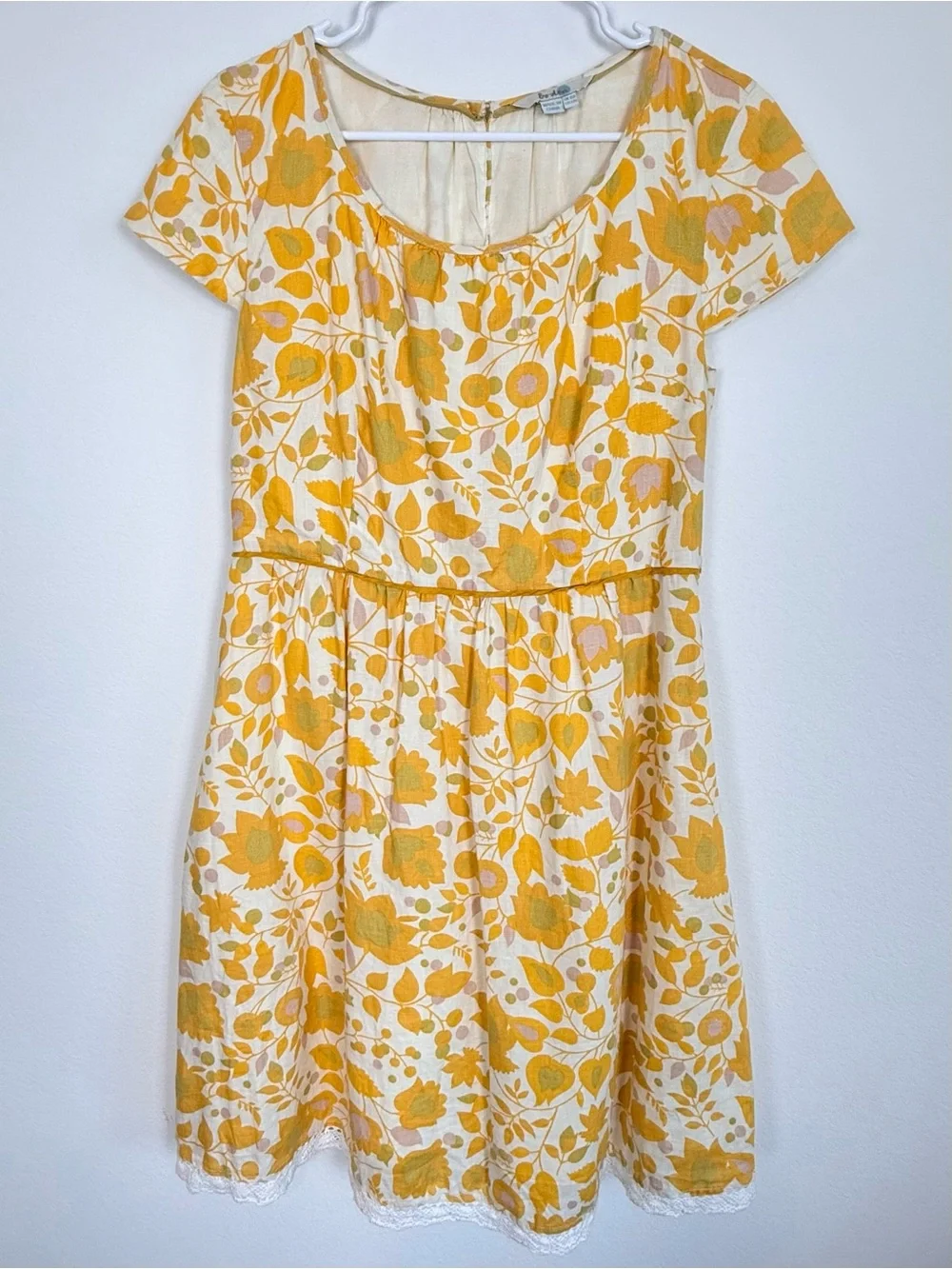 Boden Yellow Floral Print Linen Dress Lace Trim Hem Short Sleeve Fit & Flare 12R